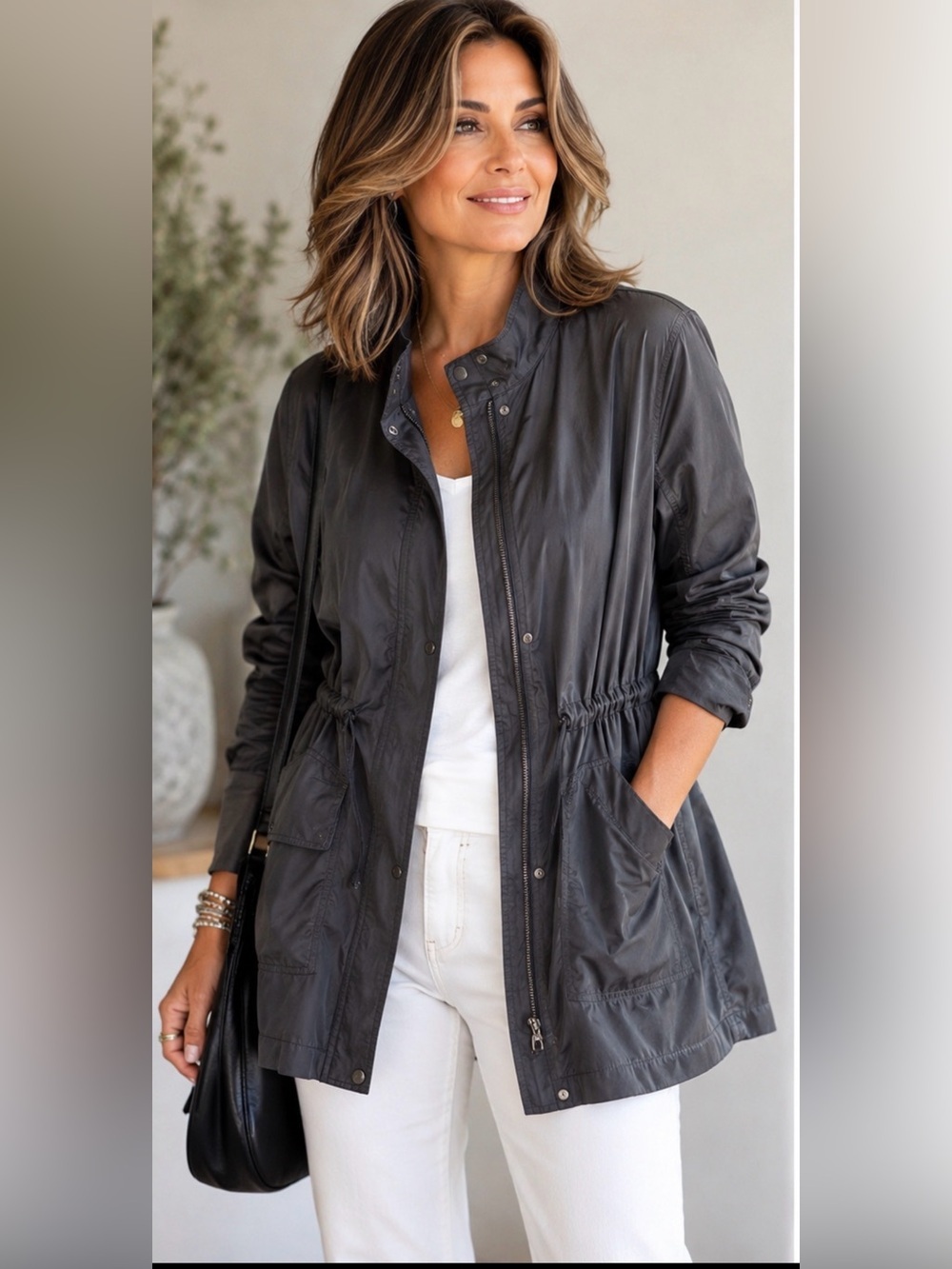 Eileen Fisher Petite Charcoal Drawstring Utility Anorak Zip Front PL